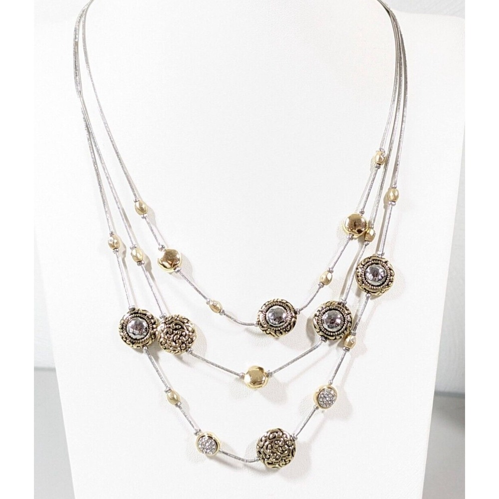 Chico's Two Tone Crystal Station Bead layered Bali Style Necklace 20 in